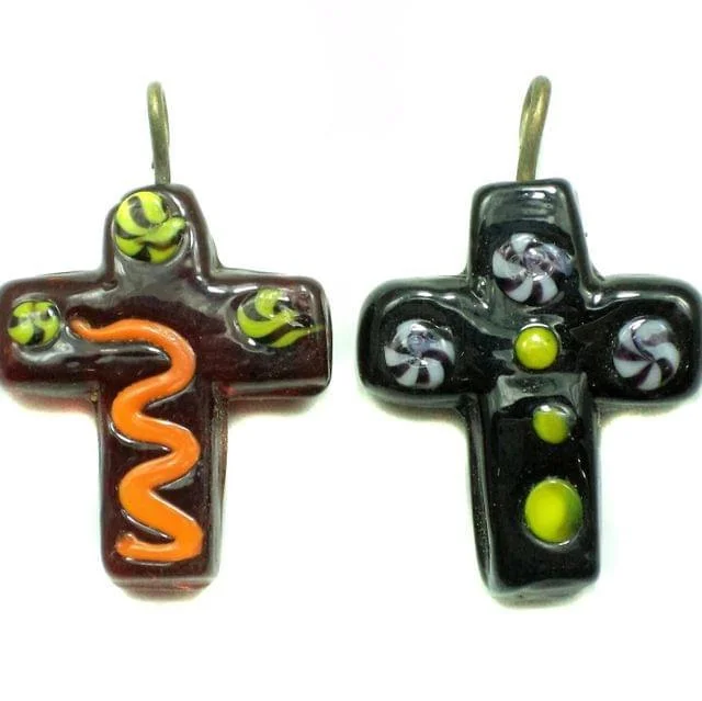 2 Glass Cross Pendants Assorted 30x25 mm