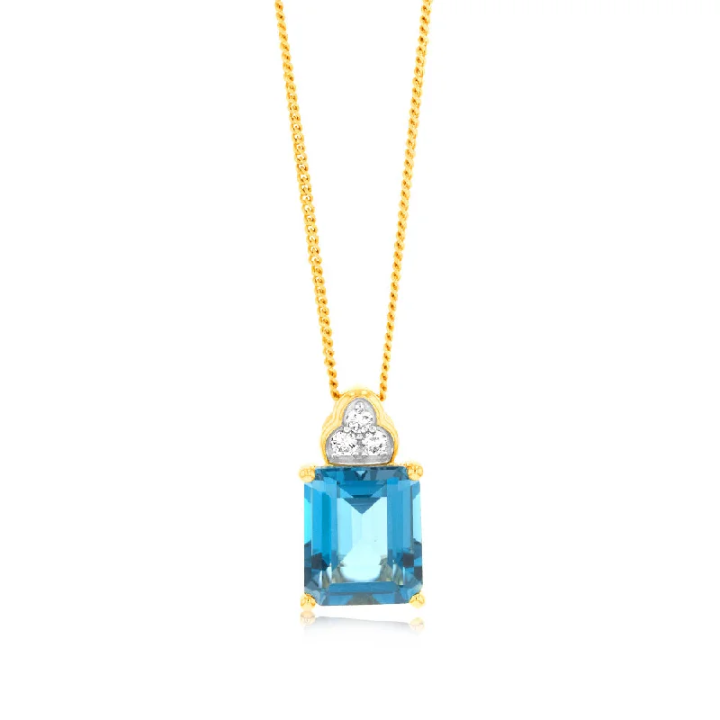 large vintage statement necklace 5.6Ct London Blue Topaz in 11x9mm Emerald Cut & 1/10Carat Diamond Pendant in 9ct Yellow White Gold large vintage statement necklace 5.6Ct London Blue Topaz in 11x9mm Emerald Cut & 1/10Carat Diamond Pendant in 9ct Yellow White Gold