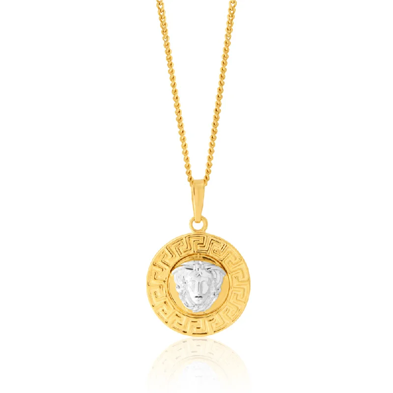 gold bar earrings minimalist 9ct Two-Tone Gold Medusa Greek Key Pendant