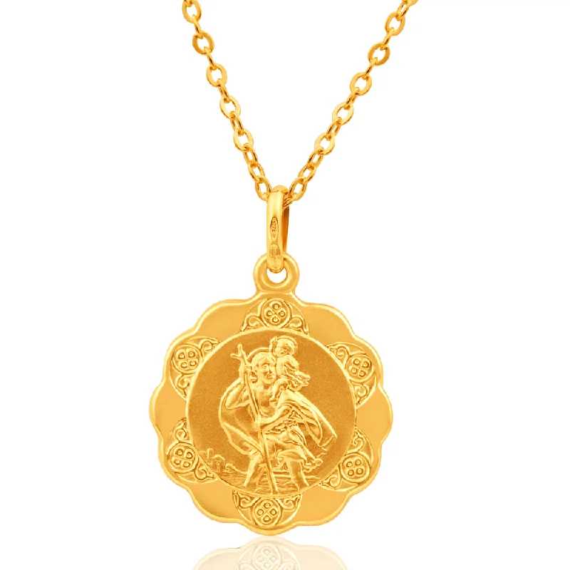 men’s woven leather bracelet 9ct Yellow Gold 18mm St Christopher Pendant