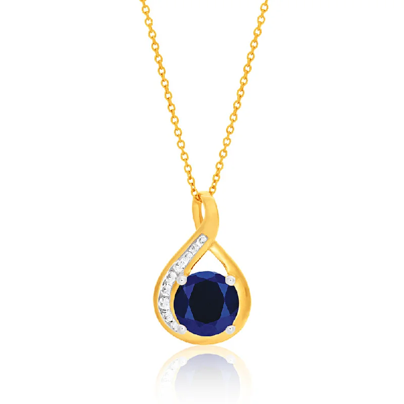 silver moon and star pendant 9ct Yellow Gold Created Blue Sapphire and Zirconia Pendant With 45cm Chain