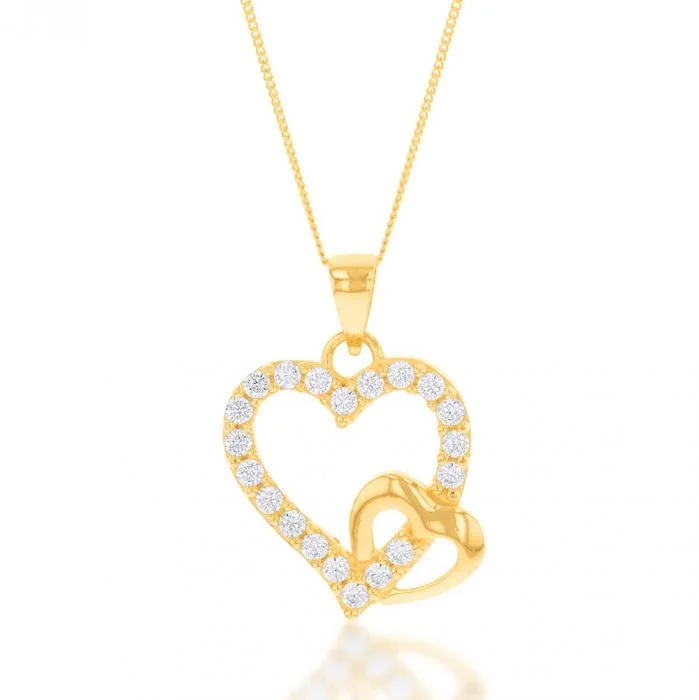vintage-inspired pearl brooch 9ct Yellow Gold Cubic Zirconia Double Heart Pendant on Chain Necklace of 46cm vintage-inspired pearl brooch 9ct Yellow Gold Cubic Zirconia Double Heart Pendant on Chain Necklace of 46cm