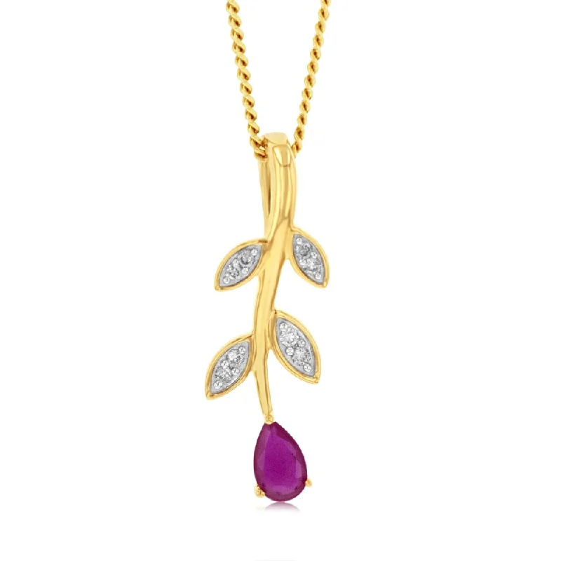 unique moon phase ring 9ct Yellow Gold Diamond And Created  Pear Ruby Pendant