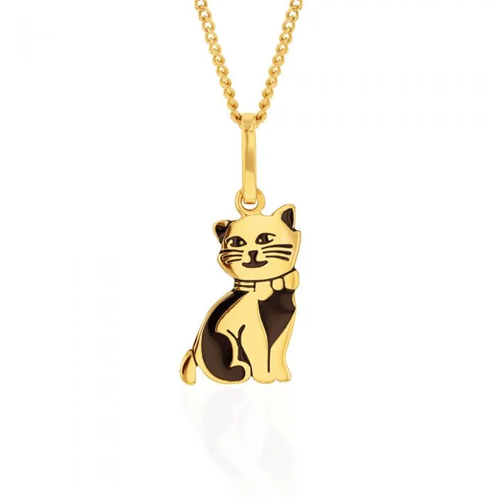 thin gold wedding band women 9ct Yellow Gold Engraved Cat Pendant