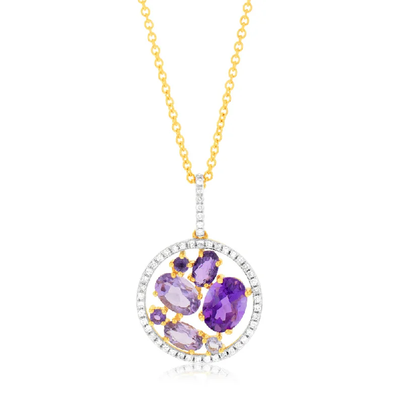 celestial sun charm anklet 9ct Yellow Gold Natural Amethyst Pink Amethyst And Diamond Pendant On Chain celestial sun charm anklet 9ct Yellow Gold Natural Amethyst Pink Amethyst And Diamond Pendant On Chain