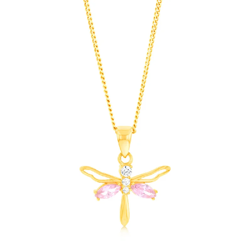 gold-plated figaro chain 9ct Yellow Gold Zirconia Pink Dragonfly Pendant