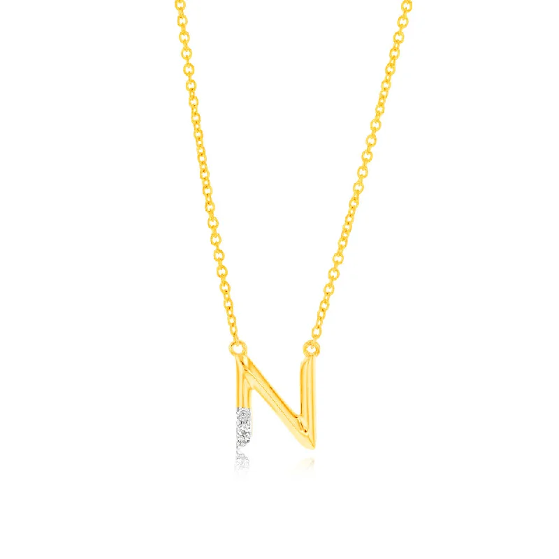 minimalist black pearl necklace Initial N Diamond Pendant in 9ct Yellow Gold
