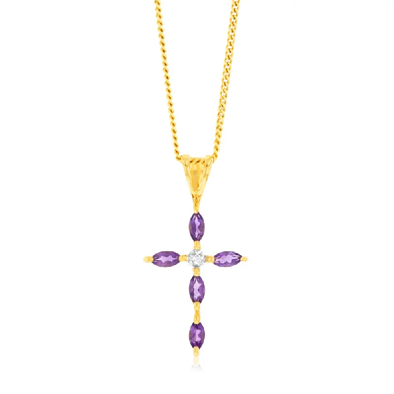 multi-gemstone eternity band Natural Marquise Cut Amethyst Cross Diamond Pendant in 9ct Yellow Gold multi-gemstone eternity band Natural Marquise Cut Amethyst Cross Diamond Pendant in 9ct Yellow Gold