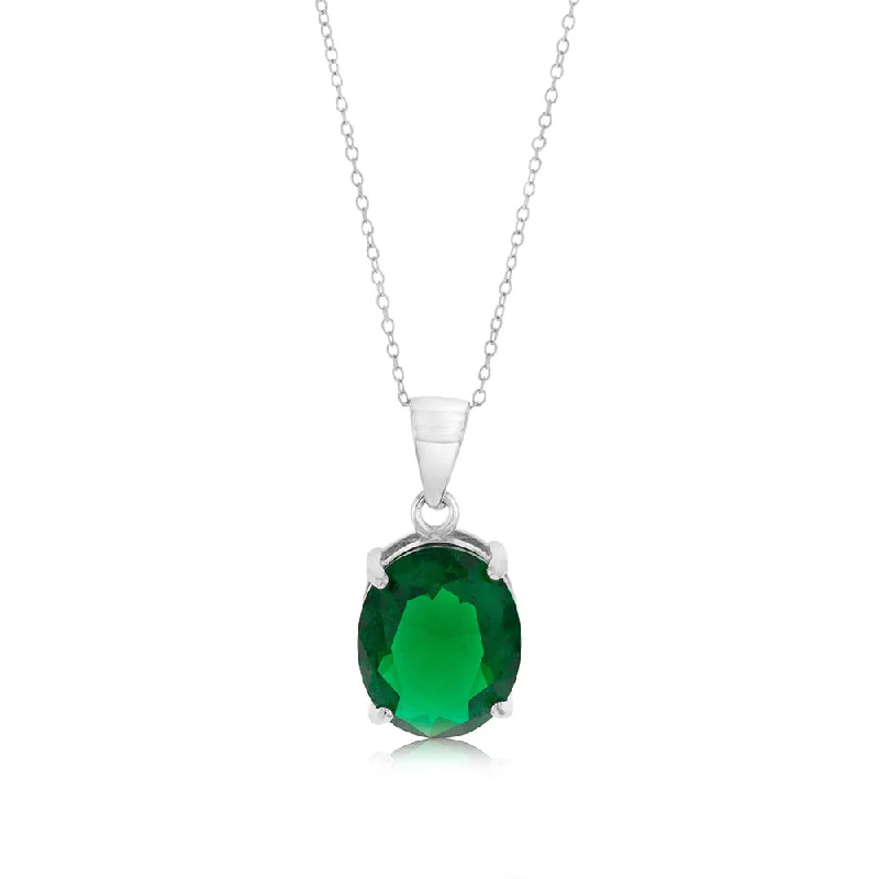 bohemian gemstone choker Sterling Silver Oval Created Emerald Pendant