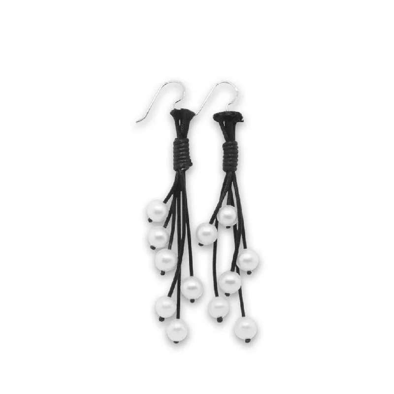 silver moon and star pendant Black Leather Drop Earrings With White Pearls