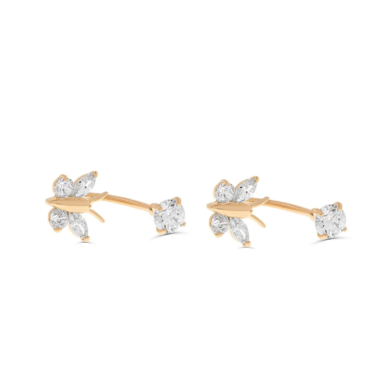diamond halo stud earrings Butterfly Double Drop CZ Stones Earrings in 14K Gold