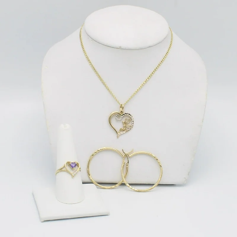 minimalist rose gold stacking rings 14K Set Heart Ring / Pendant Cz Stones with Cuban Chain and Hoops Yellow Gold
