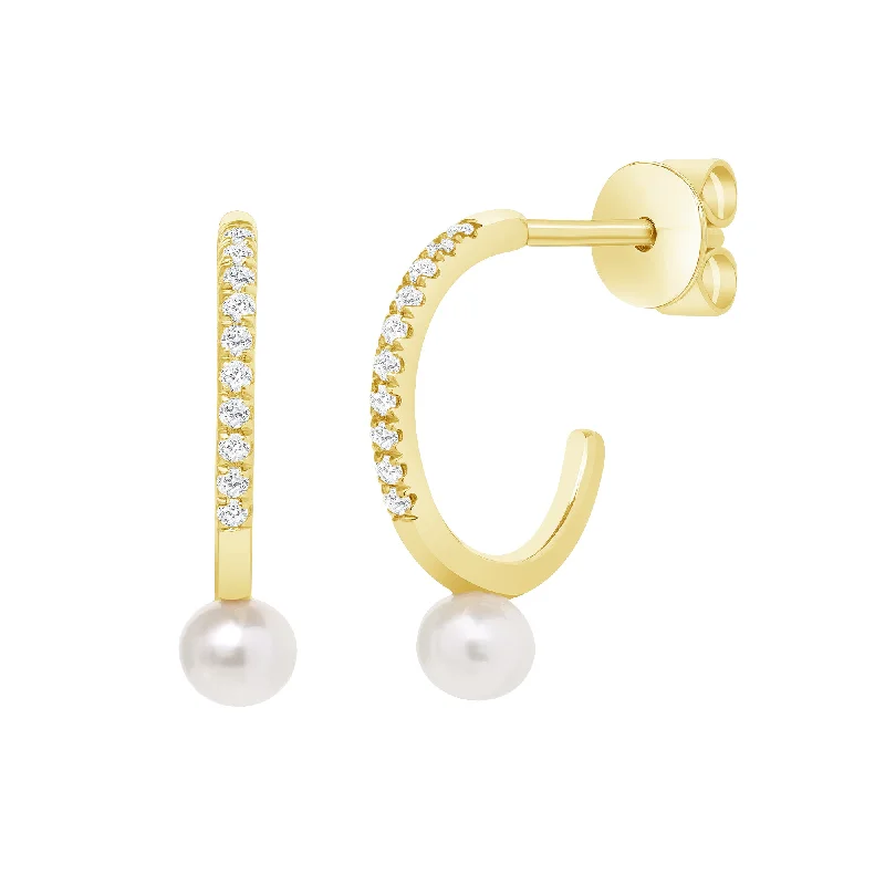 modern geometric gold ring DIAMOND HUGGIE EARRING WITH MINI PEARL DROP