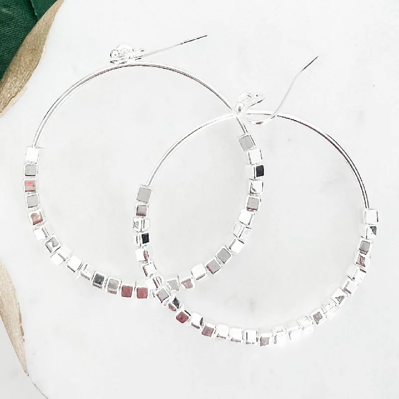 genuine ruby ring women Silver Beaded Circle Hoop Earrings