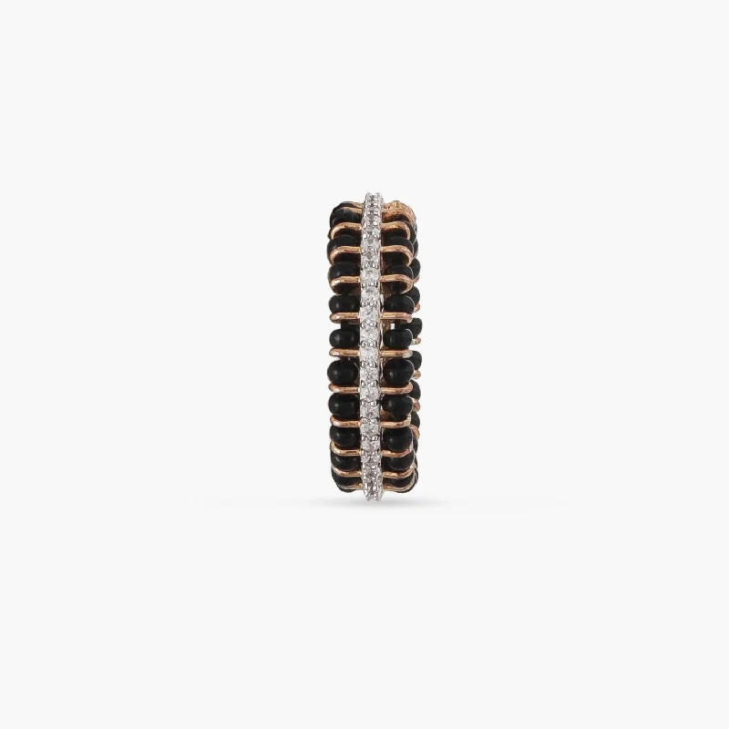 handmade braided leather necklace Forever Elegant CZ Silver Black Bead Band Ring