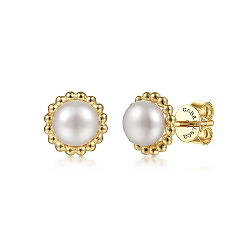 bohemian gemstone choker Gabriel & Co 14K Yellow Gold Pearl with Beaded Frame Stud Earrings
