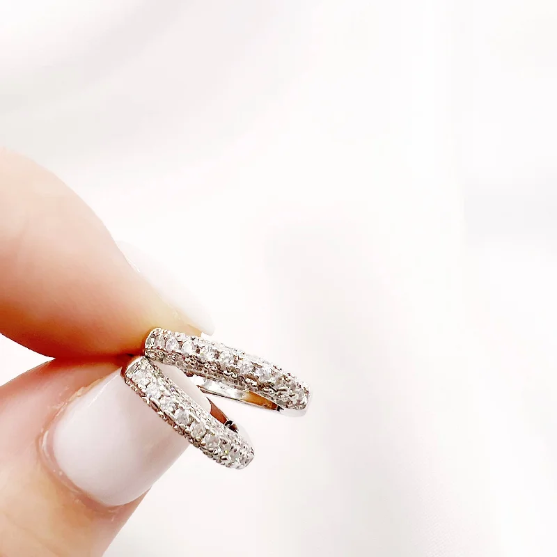 men’s braided leather bracelet Glisten Pave Silver White Gold Filled Huggie Hoops Earrings