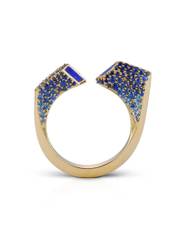 hexagon-shaped engagement ring unique Aerial Fortia, 18K Yellow Gold + Blue Sapphire Ring hexagon-shaped engagement ring unique Aerial Fortia, 18K Yellow Gold + Blue Sapphire Ring