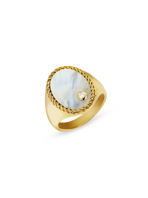 minimalist black pearl necklace Oval Mother of Pearl Cheveliere Yellow Gold Signet Ring