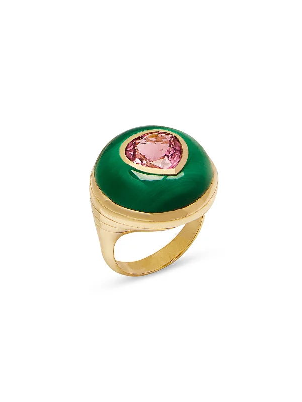 luxury diamond anniversary band Pink Tourmaline in Malachite Petite Lollipop Yellow Gold Ring