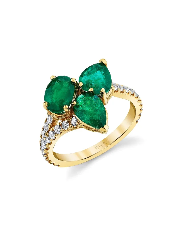modern baguette diamond ring Cluster, 18K Yellow Gold, Emerald + Diamond Ring