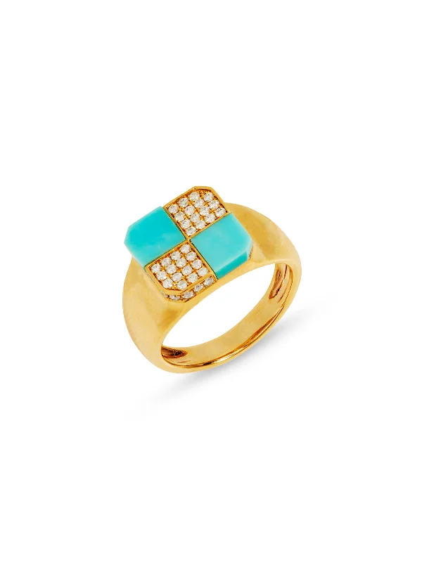 personalized pet photo necklace Turquoise Mini Damier Yellow Gold Signet Ring