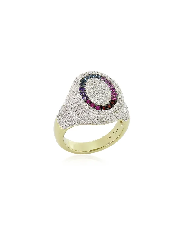 handcrafted crystal quartz ring The 6th Rainbow, 14K Yellow Gold, Multi-Gemstones + Diamond Signet Ring
