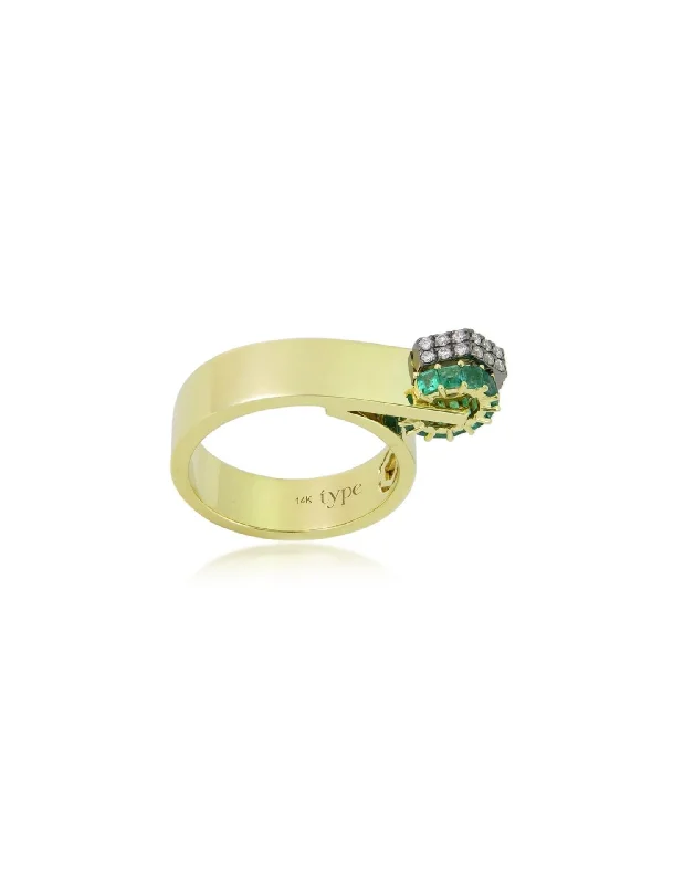 men’s engraved cuff bracelet Beau, 14K Yellow Gold, Emerald + Diamond Ring