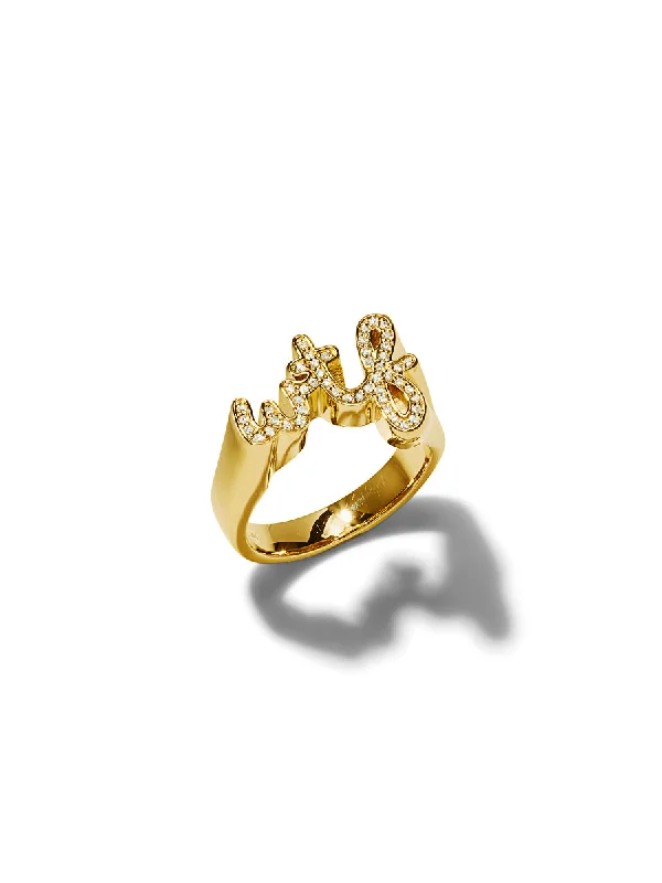 real opal engagement ring WTF Script Yellow Gold Block Ring
