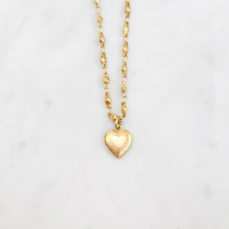 birthstone stacking rings set Small Heart Locket on Bead Link Chain - Gold Plate