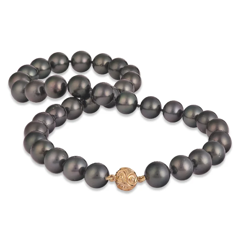 handmade braided leather necklace 18-19" Tahitian Black Pearl Strand with Magnetic Gold Clasp - 10-11mm