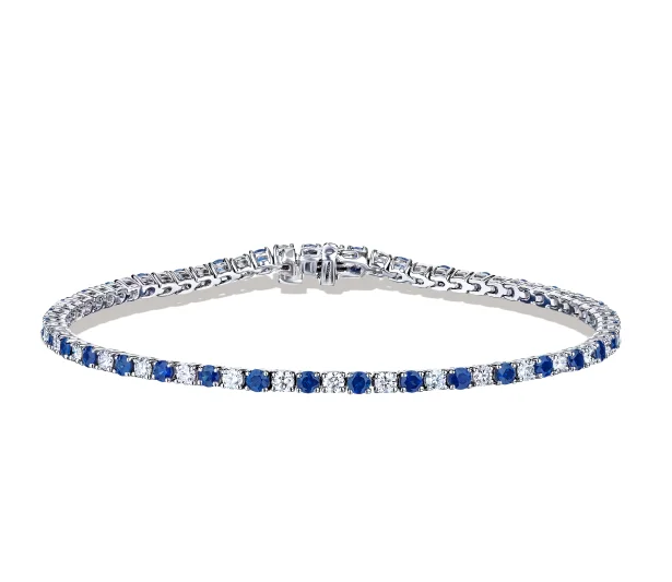 celestial astrology sign ring Bremer Jewelry Diamond and Sapphire Tennis Bracelet in 18K White Gold (3.45ctw)
