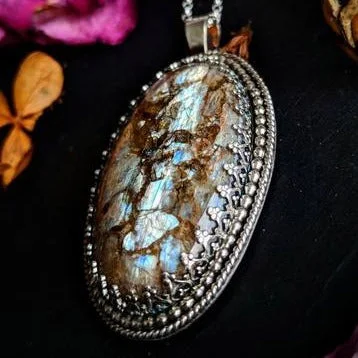 unique moon phase ring Gemstone Necklace with Locally Mined Fishscale Peristerite