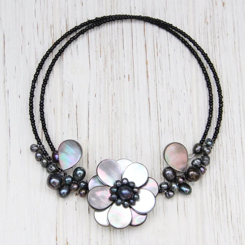 rose gold bezel ring Shell Flower Choker ~ Black Mother of Pearl