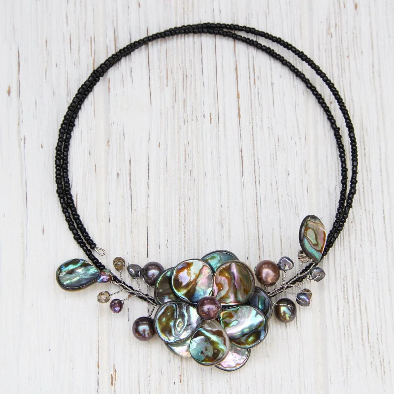 fine silver herringbone necklace Flower Choker ~ Black Abalone Shell & Southsea Pearl fine silver herringbone necklace Flower Choker ~ Black Abalone Shell & Southsea Pearl