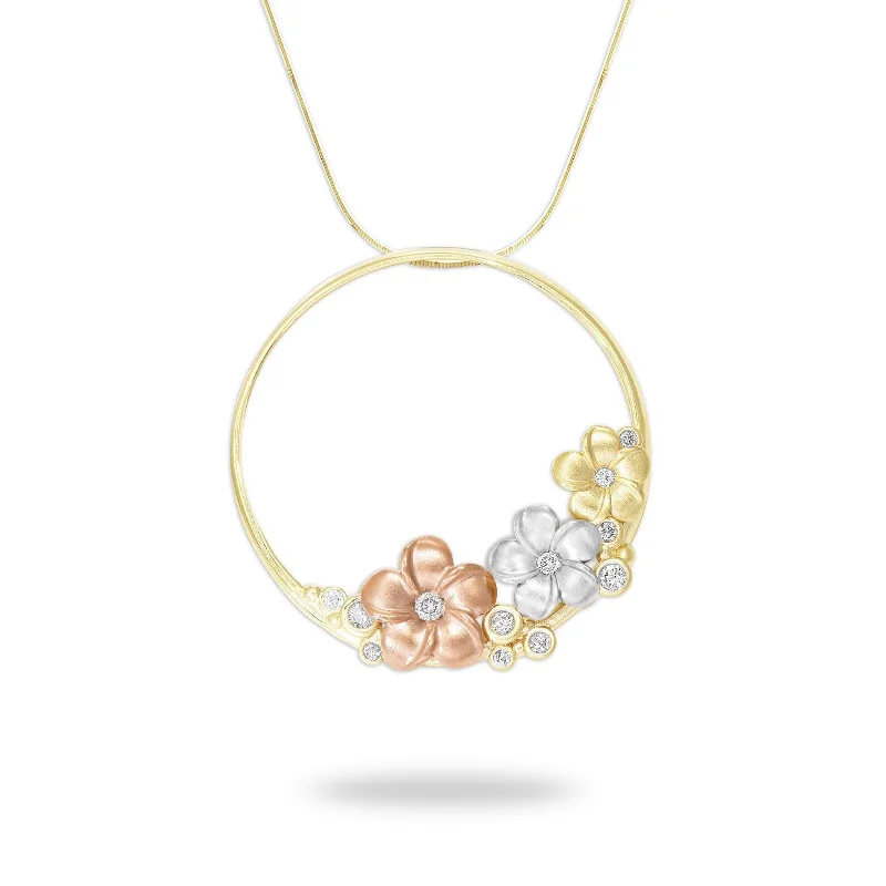 handcrafted gemstone pendant Plumeria Necklace in Tri Color Gold with Diamonds - 22mm handcrafted gemstone pendant Plumeria Necklace in Tri Color Gold with Diamonds - 22mm