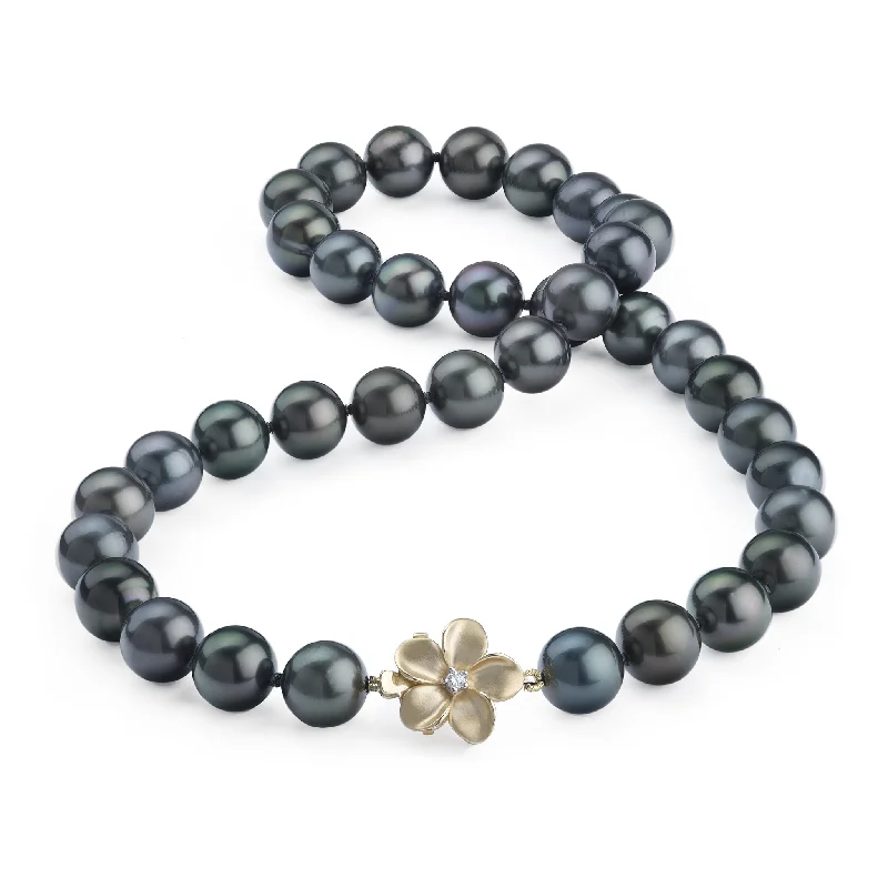 adjustable silver cuff bracelet 18-19" Tahitian Black Pearl Strand with Diamond Plumeria Clasp in Gold - 11-12mm adjustable silver cuff bracelet 18-19" Tahitian Black Pearl Strand with Diamond Plumeria Clasp in Gold - 11-12mm