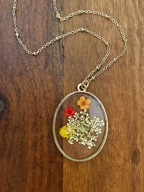 silver rope chain men Vintage Oval Pressed Flowers Necklace