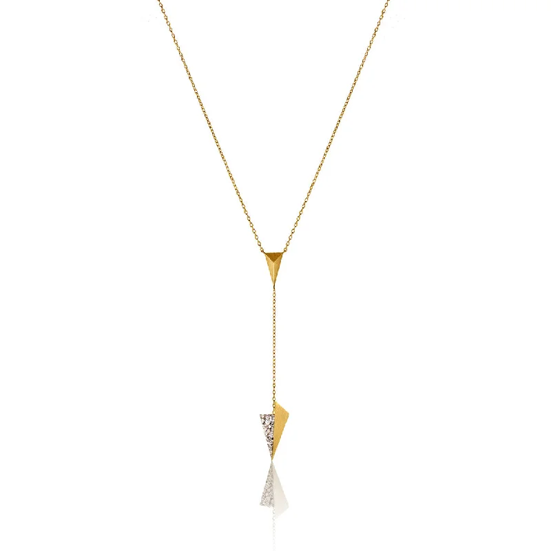 minimalist gold bracelet thin Pyramid motif and Pavéd Folded Plane Y-necklace