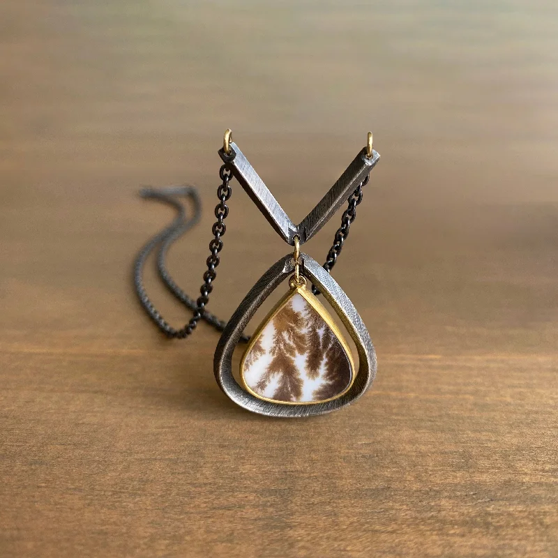 butterfly pendant necklace delicate Carved Frame Dendritic Agate Teardrop Necklace