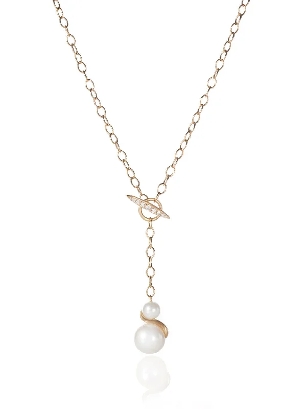 pearl stud earrings classic Double Pearl drop on Toggle chain necklace