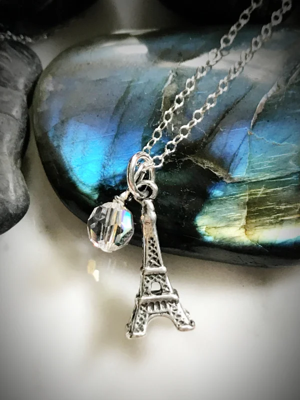 personalized engraved locket Eiffel Tower & Crystal Charm Necklace