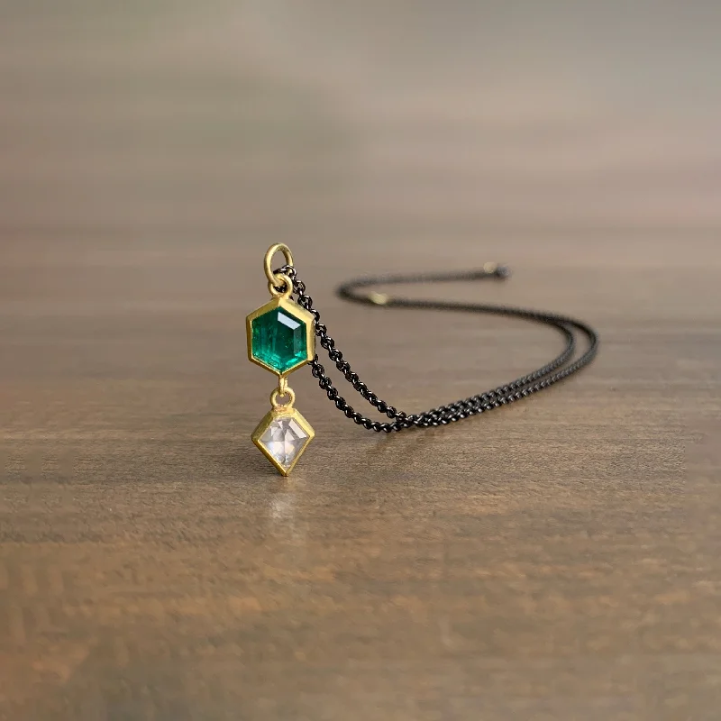 handmade raw stone engagement ring Emerald & Diamond Pendant