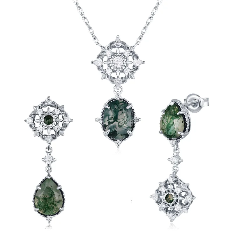 dainty gold chain ring Eternal Orbit Moss Agate Necklace and Earrings Set