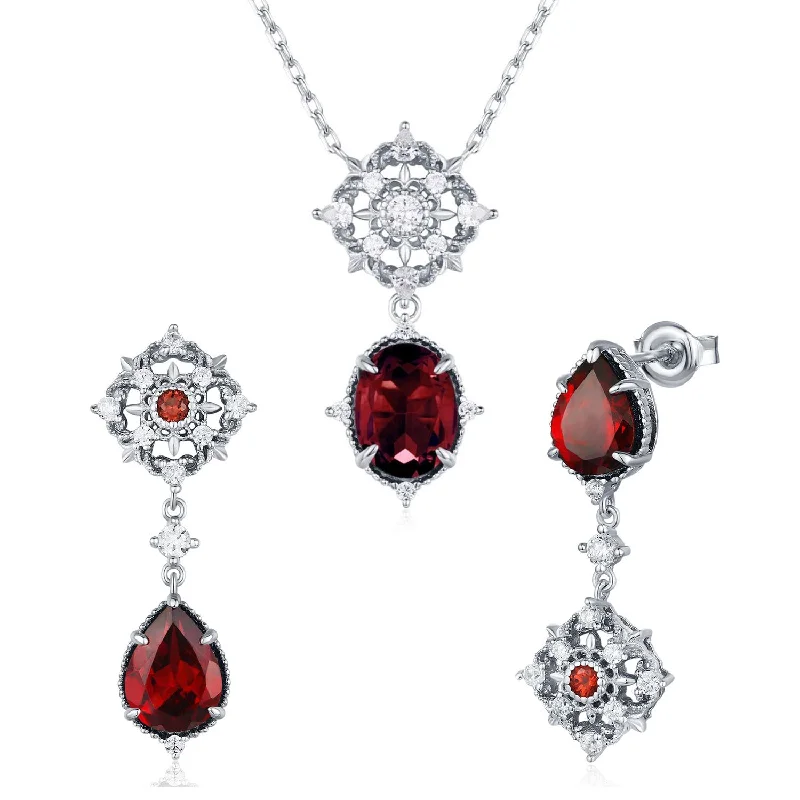 men’s leather and silver bracelet Eternal Orbit Mozambique Garnet Necklace and Earrings Set