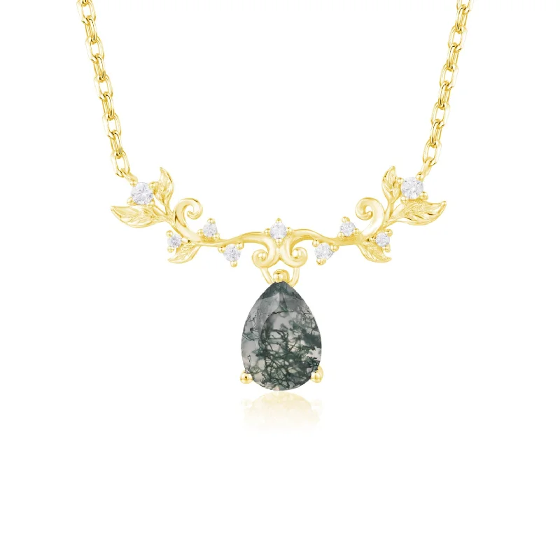 cubic zirconia tennis necklace Foliage Whispers Moss Agate Yellow Gold Necklace
