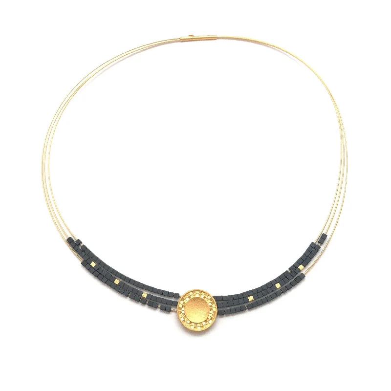 14k gold nose ring hoop Hematite Collar Necklace - Dark Grey