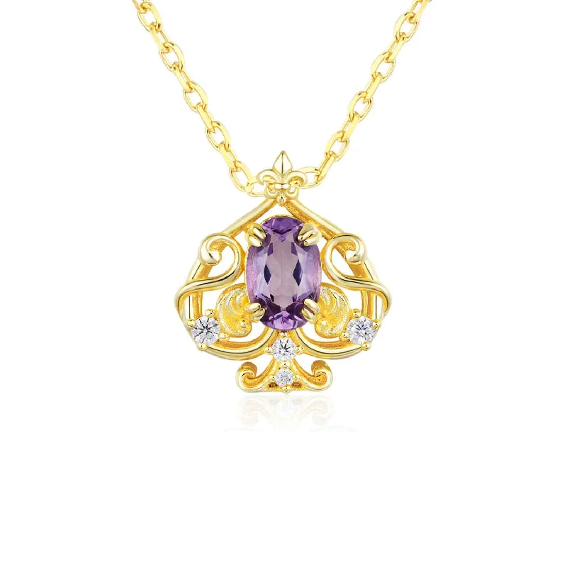 real tourmaline birthstone ring Leafy Spade Amethyst Necklace (Yellow Gold)