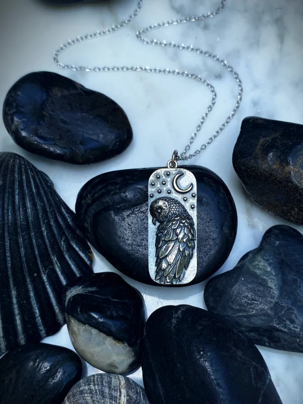 handcrafted gemstone toe ring Barn Owl & Crescent Moon Necklace