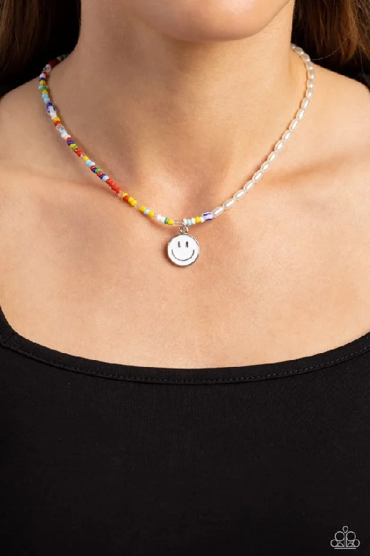 adjustable gemstone choker Paparazzi Necklace ~ Smiling Showdown - White
